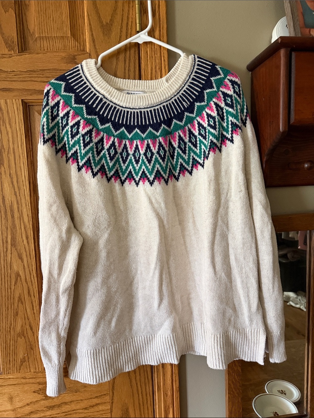Old Navy Cream Sweater with Navy, Green and Pink Fair Isle Yoke